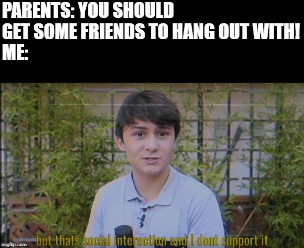 Introverts be Like: | PARENTS: YOU SHOULD GET SOME FRIENDS TO HANG OUT WITH!
ME: | image tagged in but thats social interaction and i dont support it,introvert,friends | made w/ Imgflip meme maker