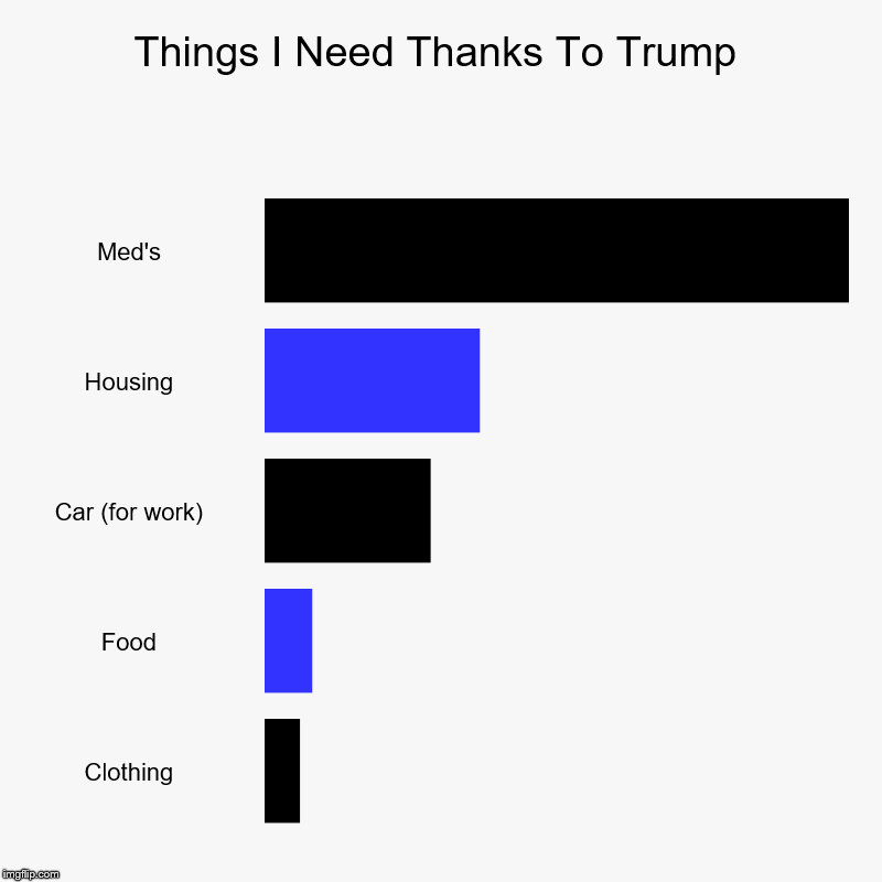 help this poor person  | Things I Need Thanks To Trump | Med's, Housing, Car (for work), Food, Clothing | image tagged in charts,bar charts,help me,help | made w/ Imgflip chart maker