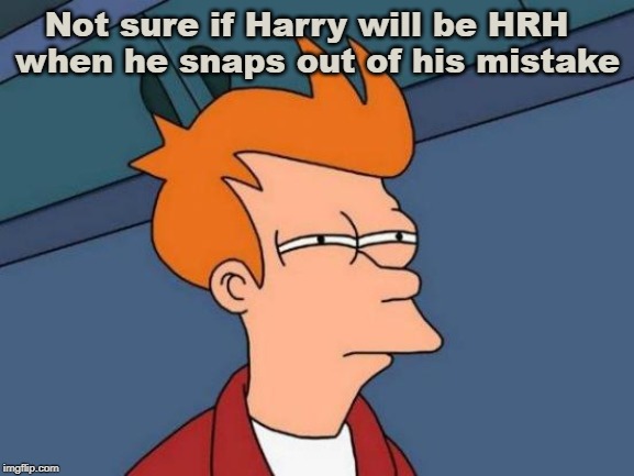 Futurama Fry Meme | Not sure if Harry will be HRH  
when he snaps out of his mistake | image tagged in memes,futurama fry | made w/ Imgflip meme maker