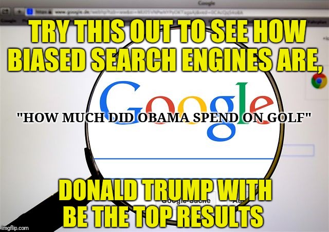Google search | TRY THIS OUT TO SEE HOW BIASED SEARCH ENGINES ARE, "HOW MUCH DID OBAMA SPEND ON GOLF"; DONALD TRUMP WITH BE THE TOP RESULTS | image tagged in google search | made w/ Imgflip meme maker