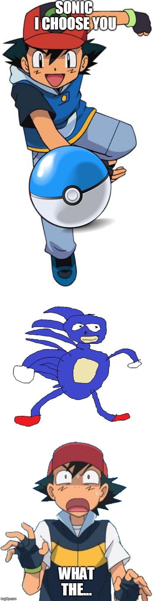 SONIC 
I CHOOSE YOU; WHAT THE... | image tagged in sanic,memes,pokemon,sonic,ash ketchum | made w/ Imgflip meme maker