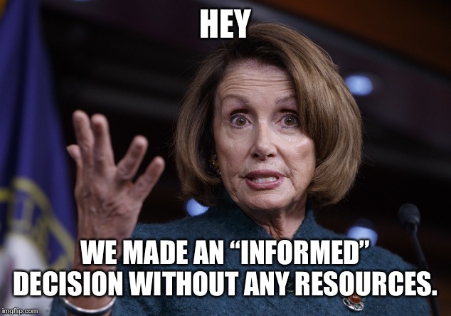 Good old Nancy Pelosi | HEY WE MADE AN “INFORMED” DECISION WITHOUT ANY RESOURCES. | image tagged in good old nancy pelosi | made w/ Imgflip meme maker