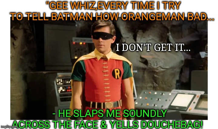 Millennial Robin | "GEE WHIZ,EVERY TIME I TRY TO TELL BATMAN HOW ORANGEMAN BAD... I DON'T GET IT... - HE SLAPS ME SOUNDLY ACROSS THE FACE & YELLS DOUCHEBAG! | image tagged in robin | made w/ Imgflip meme maker