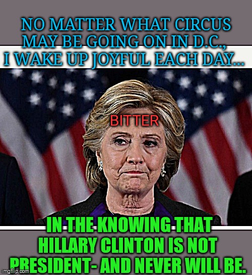 It's a beautiful day! | NO MATTER WHAT CIRCUS MAY BE GOING ON IN D.C., I WAKE UP JOYFUL EACH DAY... BITTER; IN THE KNOWING THAT HILLARY CLINTON IS NOT PRESIDENT- AND NEVER WILL BE. | image tagged in hillary clinton loser | made w/ Imgflip meme maker