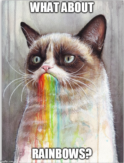 GRUMPY CAT EATS RAINBOWS | WHAT ABOUT RAINBOWS? | image tagged in grumpy cat eats rainbows | made w/ Imgflip meme maker