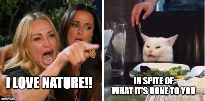 IN SPITE OF WHAT IT'S DONE TO YOU; I LOVE NATURE!! | image tagged in smudge the cat,woman yelling at cat | made w/ Imgflip meme maker