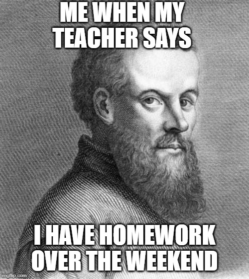 Andreas Vesalius blank face | ME WHEN MY TEACHER SAYS; I HAVE HOMEWORK OVER THE WEEKEND | image tagged in andreas vesalius blank face | made w/ Imgflip meme maker