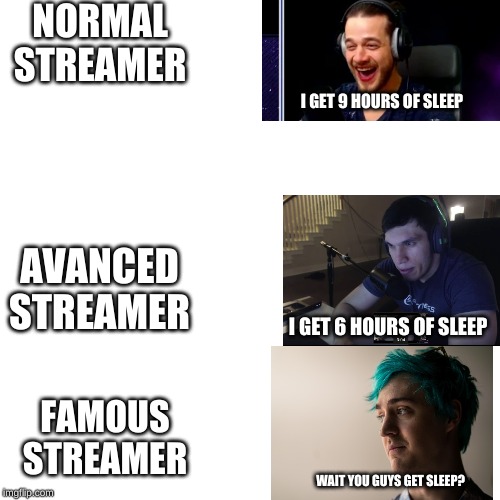 NORMAL STREAMER; I GET 9 HOURS OF SLEEP; AVANCED STREAMER; I GET 6 HOURS OF SLEEP; FAMOUS STREAMER; WAIT YOU GUYS GET SLEEP? | image tagged in ninja,streamer,nosleep | made w/ Imgflip meme maker