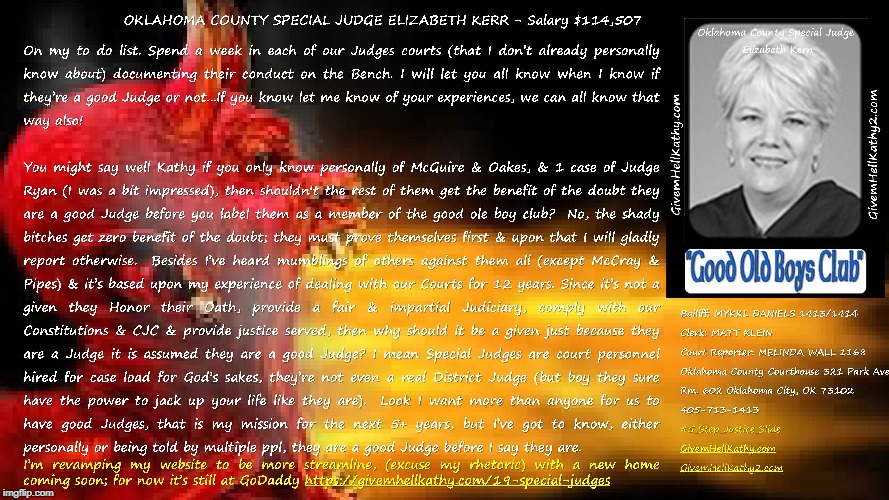 #5_Step_Justice_Slide
Oklahoma County Special Judge  Elizabeth Kerr GivemHellKathy.com GivemHellKathy2.com | image tagged in oklahoma,court,corruption,supreme court,judge,tyranny | made w/ Imgflip meme maker