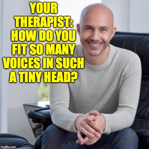 YOUR THERAPIST:
HOW DO YOU
FIT SO MANY VOICES IN SUCH A TINY HEAD? | made w/ Imgflip meme maker