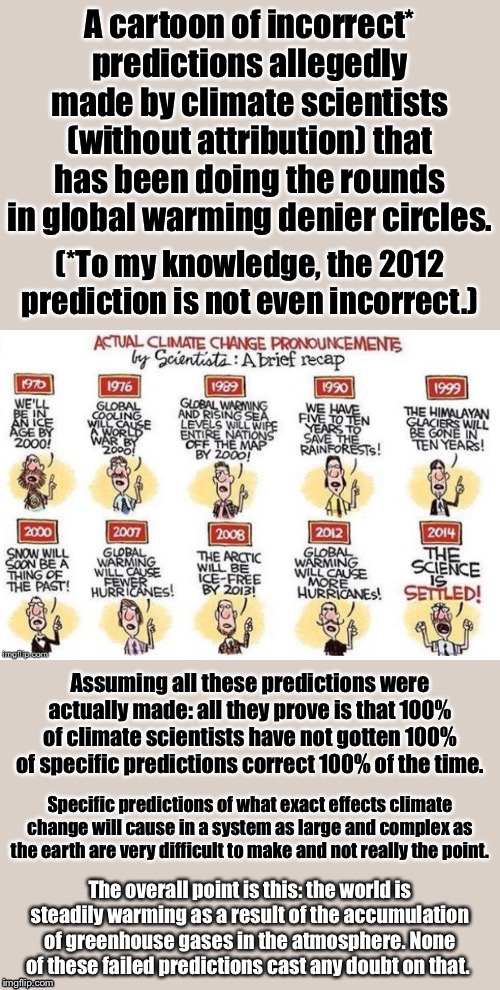“Failed predictions” on climate are not the nail in the coffin that skeptics believe them to be. | A cartoon of incorrect* predictions allegedly made by climate scientists (without attribution) that has been doing the rounds in global warming denier circles. (*To my knowledge, the 2012 prediction is not even incorrect.); Assuming all these predictions were actually made: all they prove is that 100% of climate scientists have not gotten 100% of specific predictions correct 100% of the time. Specific predictions of what exact effects climate change will cause in a system as large and complex as the earth are very difficult to make and not really the point. The overall point is this: the world is steadily warming as a result of the accumulation of greenhouse gases in the atmosphere. None of these failed predictions cast any doubt on that. | image tagged in global warming,climate change,climate,science,prediction,skeptical | made w/ Imgflip meme maker