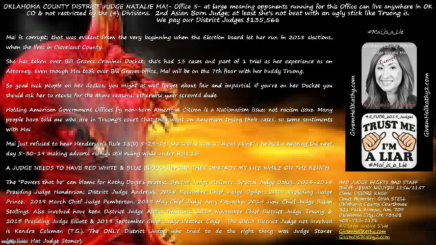 #5_Step_Justice_Slide
Corrupt Oklahoma County District Judge Natalie Mai
GivemHellKathy.com GivemHellKathy2.com | image tagged in oklahoma,court,corruption,supreme court,judge,tyranny | made w/ Imgflip meme maker