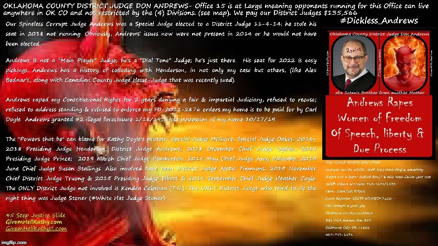 #5_Step_Justice_Slide
Corrupt Oklahoma County District Judge Don Andrews
GivemHellKathy.com GivemHellKathy2.com | image tagged in oklahoma,court,corruption,supreme court,judge,tyranny | made w/ Imgflip meme maker