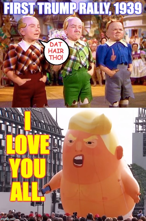First Trump Rally, colorized. | I LOVE YOU ALL. | image tagged in trump rally,memes,baby trump | made w/ Imgflip meme maker