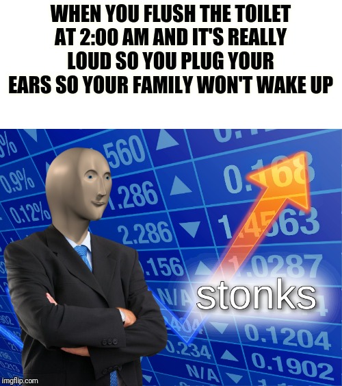 stonks | WHEN YOU FLUSH THE TOILET AT 2:00 AM AND IT'S REALLY LOUD SO YOU PLUG YOUR EARS SO YOUR FAMILY WON'T WAKE UP | image tagged in stonks | made w/ Imgflip meme maker