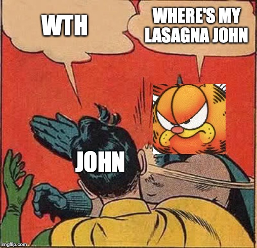 Batman Slapping Robin Meme | WTH; WHERE'S MY LASAGNA JOHN; JOHN | image tagged in memes,batman slapping robin | made w/ Imgflip meme maker
