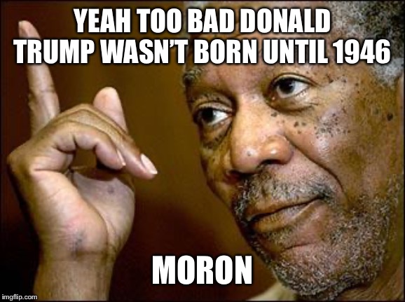 This Morgan Freeman | YEAH TOO BAD DONALD TRUMP WASN’T BORN UNTIL 1946 MORON | image tagged in this morgan freeman | made w/ Imgflip meme maker