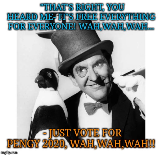 WHAT COULD POSSIBLY GO WRONG? | "THAT'S RIGHT, YOU HEARD ME- IT'S FREE EVERYTHING FOR EVERYONE! WAH,WAH,WAH... - JUST VOTE FOR PENGY 2020, WAH,WAH,WAH!! | image tagged in shocked batman,penguin | made w/ Imgflip meme maker