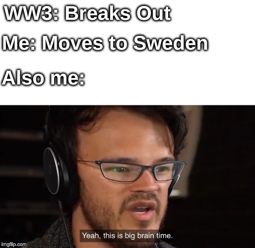Yeah, this is big brain time | WW3: Breaks Out; Me: Moves to Sweden; Also me: | image tagged in yeah this is big brain time | made w/ Imgflip meme maker