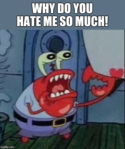 Angry Mr. Crabs | WHY DO YOU HATE ME SO MUCH! | image tagged in angry mr crabs | made w/ Imgflip meme maker