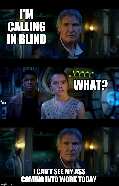 It's True All of It Han Solo | I'M CALLING IN BLIND; WHAT? I CAN'T SEE MY ASS COMING INTO WORK TODAY | image tagged in memes,it's true all of it han solo | made w/ Imgflip meme maker