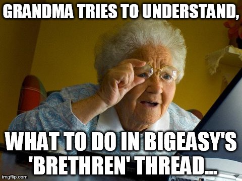 Grandma Finds The Internet Meme | GRANDMA TRIES TO UNDERSTAND, WHAT TO DO IN BIGEASY'S 'BRETHREN' THREAD... | image tagged in memes,grandma finds the internet | made w/ Imgflip meme maker