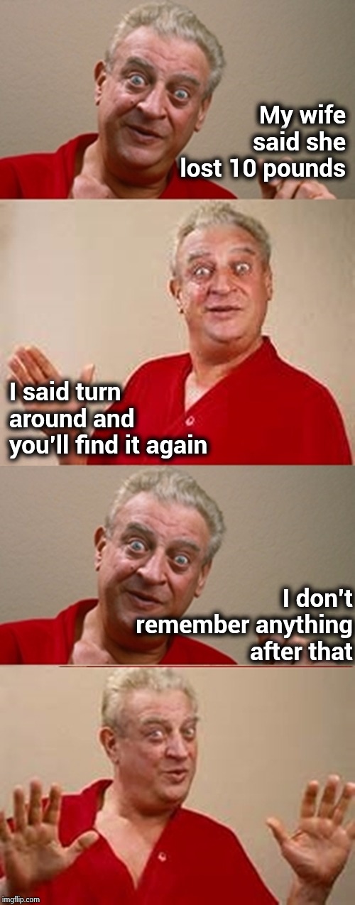 The Marriage Counselor threw him out | My wife said she
lost 10 pounds; I said turn around and you'll find it again; I don't remember anything after that | image tagged in bad pun rodney dangerfield,marriage,fireworks,one does not simply,give peace a chance | made w/ Imgflip meme maker