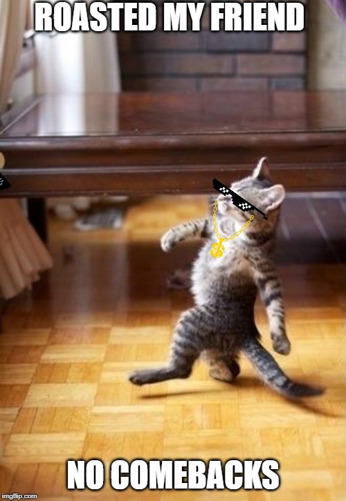 Cool Cat Stroll | ROASTED MY FRIEND; NO COMEBACKS | image tagged in memes,cool cat stroll | made w/ Imgflip meme maker