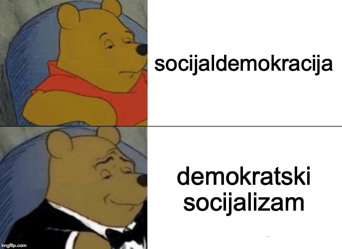 Tuxedo Winnie The Pooh Meme | socijaldemokracija; demokratski socijalizam | image tagged in memes,tuxedo winnie the pooh | made w/ Imgflip meme maker