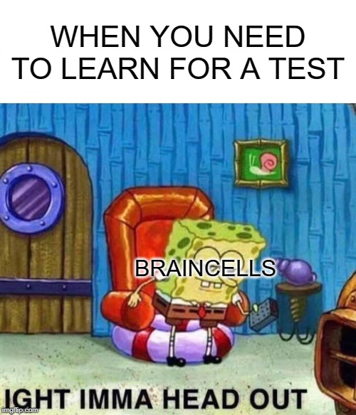 mah braincells aint working | WHEN YOU NEED TO LEARN FOR A TEST; BRAINCELLS | image tagged in memes,spongebob ight imma head out | made w/ Imgflip meme maker