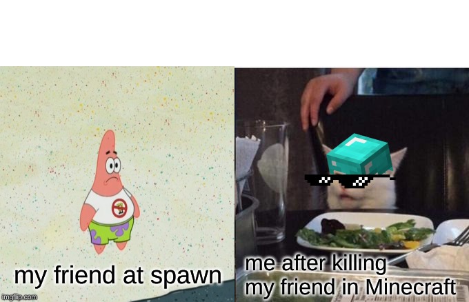me in minecraft | me after killing my friend in Minecraft; my friend at spawn | image tagged in memes,woman yelling at cat | made w/ Imgflip meme maker