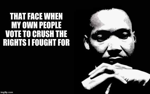 At least they got a day off | THAT FACE WHEN MY OWN PEOPLE VOTE TO CRUSH THE RIGHTS I FOUGHT FOR | image tagged in mlk,democrats the hate party,my people abandoned my dream,i had a dream,economic slavery is still slavery,i wasted my dream | made w/ Imgflip meme maker