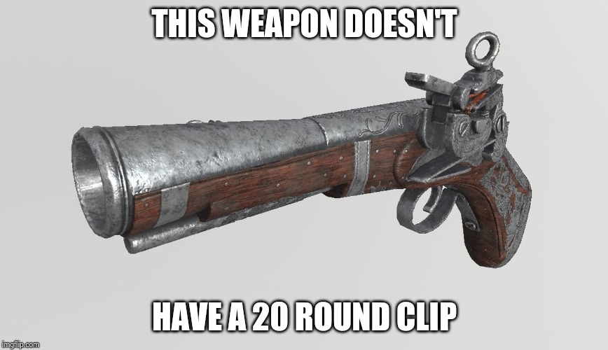 musket | THIS WEAPON DOESN'T HAVE A 20 ROUND CLIP | image tagged in musket | made w/ Imgflip meme maker