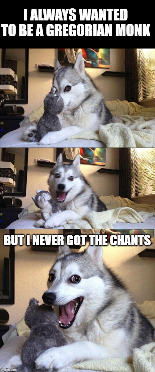 Bad Pun Dog Meme | I ALWAYS WANTED TO BE A GREGORIAN MONK; BUT I NEVER GOT THE CHANTS | image tagged in memes,bad pun dog | made w/ Imgflip meme maker