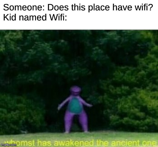 Whomst has awakened the ancient one | Someone: Does this place have wifi?
Kid named Wifi: | image tagged in whomst has awakened the ancient one | made w/ Imgflip meme maker