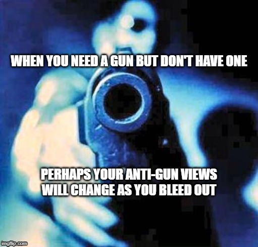 gun in face | WHEN YOU NEED A GUN BUT DON'T HAVE ONE; PERHAPS YOUR ANTI-GUN VIEWS WILL CHANGE AS YOU BLEED OUT | image tagged in gun in face | made w/ Imgflip meme maker