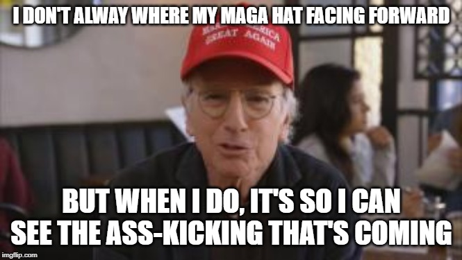 HBO's Larry David says no one ever wheres the MAGA hat backwards...for this reason. | I DON'T ALWAY WHERE MY MAGA HAT FACING FORWARD; BUT WHEN I DO, IT'S SO I CAN SEE THE ASS-KICKING THAT'S COMING | image tagged in maga,funny,funny memes,politics,political meme | made w/ Imgflip meme maker
