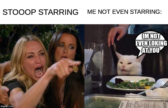 Woman Yelling At Cat Meme | STOOOP STARRING; ME NOT EVEN STARRING:; IM NOT EVEN LOKING AT YOU | image tagged in memes,woman yelling at cat,crazy lady | made w/ Imgflip meme maker