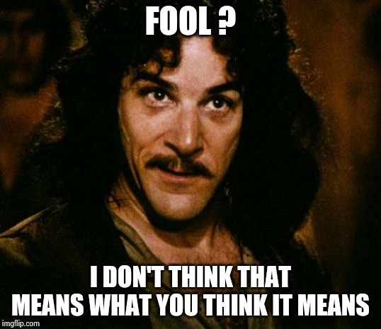 Inigo Montoya Meme | FOOL ? I DON'T THINK THAT MEANS WHAT YOU THINK IT MEANS | image tagged in memes,inigo montoya | made w/ Imgflip meme maker