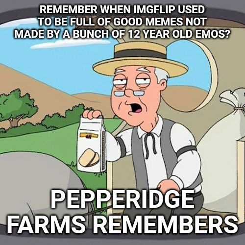 See what happens when you invite kids to an adult party? | REMEMBER WHEN IMGFLIP USED TO BE FULL OF GOOD MEMES NOT MADE BY A BUNCH OF 12 YEAR OLD EMOS? PEPPERIDGE FARMS REMEMBERS | image tagged in memes,pepperidge farm remembers,imgflip,imgflip users | made w/ Imgflip meme maker