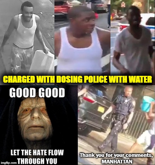 Blue Lives Matter | CHARGED WITH DOSING POLICE WITH WATER; Thank you for your comments,
 MANHATTAN | image tagged in vince vance,black lives matter,blue lives matter,police,water,manhattan | made w/ Imgflip meme maker