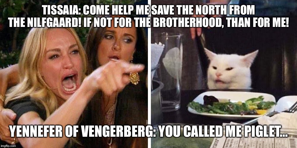 Smudge the cat | TISSAIA: COME HELP ME SAVE THE NORTH FROM THE NILFGAARD! IF NOT FOR THE BROTHERHOOD, THAN FOR ME! YENNEFER OF VENGERBERG: YOU CALLED ME PIGLET... | image tagged in smudge the cat | made w/ Imgflip meme maker