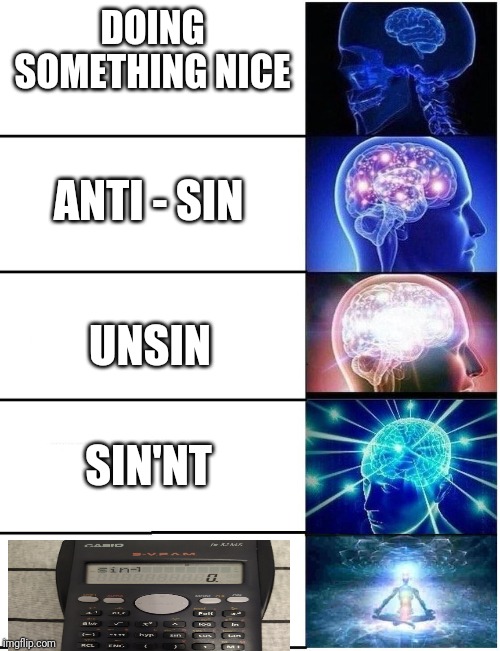 Unsin the unsin sin | DOING SOMETHING NICE; ANTI - SIN; UNSIN; SIN'NT | image tagged in expanding brain,memes,funny memes,funny,brain,seven deadly sins | made w/ Imgflip meme maker