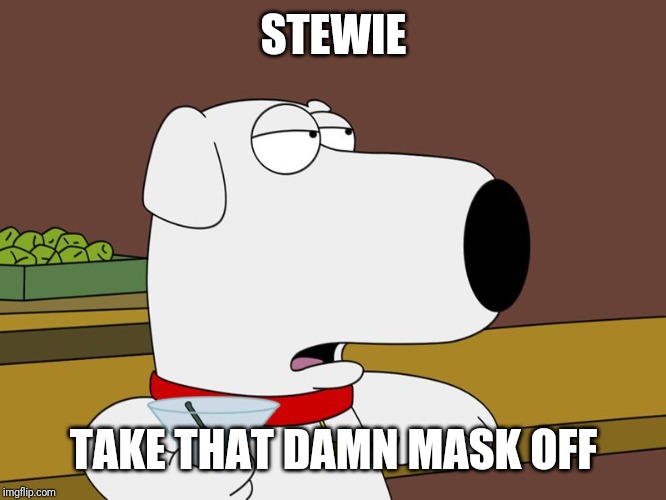 Brian Griffin | STEWIE TAKE THAT DAMN MASK OFF | image tagged in brian griffin | made w/ Imgflip meme maker