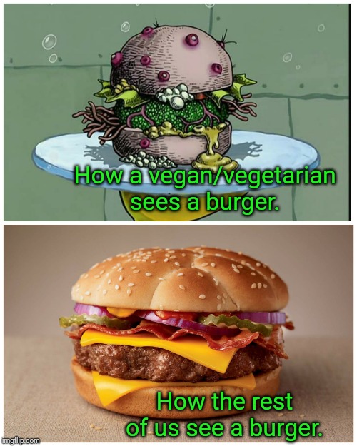 Nasty Burger vs. Tasty Burger | How a vegan/vegetarian sees a burger. How the rest of us see a burger. | image tagged in nasty burger vs tasty burger,burger,memes | made w/ Imgflip meme maker