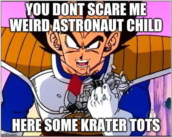 Vegeta over 9000 | YOU DONT SCARE ME WEIRD ASTRONAUT CHILD HERE SOME KRATER TOTS | image tagged in vegeta over 9000 | made w/ Imgflip meme maker