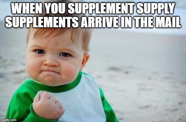 Fist pump baby | WHEN YOU SUPPLEMENT SUPPLY SUPPLEMENTS ARRIVE IN THE MAIL | image tagged in fist pump baby | made w/ Imgflip meme maker