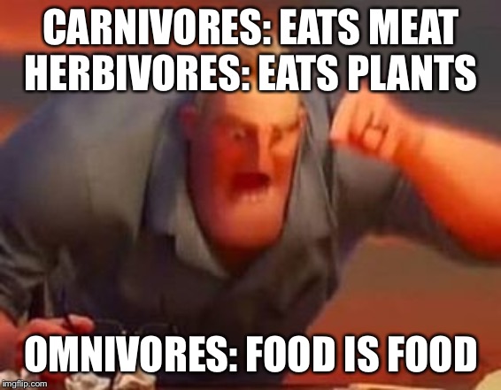Mr incredible mad | CARNIVORES: EATS MEAT
HERBIVORES: EATS PLANTS; OMNIVORES: FOOD IS FOOD | image tagged in mr incredible mad | made w/ Imgflip meme maker