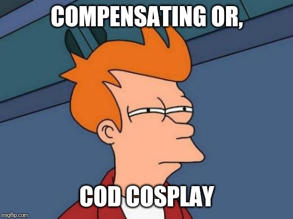 Futurama Fry Meme | COMPENSATING OR, COD COSPLAY | image tagged in memes,futurama fry | made w/ Imgflip meme maker