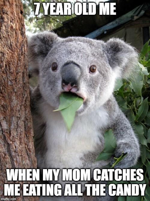 Surprised Koala | 7 YEAR OLD ME; WHEN MY MOM CATCHES ME EATING ALL THE CANDY | image tagged in memes,surprised koala | made w/ Imgflip meme maker